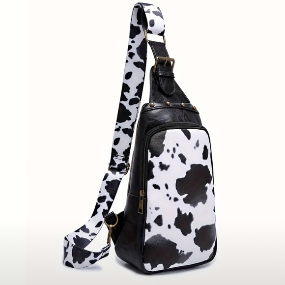 Vegan Leather Studded Vintage Cow Print Crossbody Bag - Picture 10 of 10
